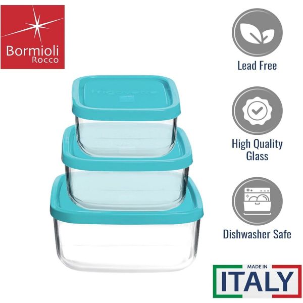 Bormioli Rocco Frigoverre Classic Square Container, Set of 3 - Glass Storage, Airtight Lids