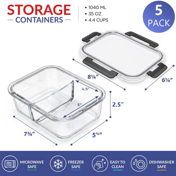 Sorbus 5-Pack 35 oz/1040 mL 2-Compartment Glass Food Storage Containers with Airtight Lids