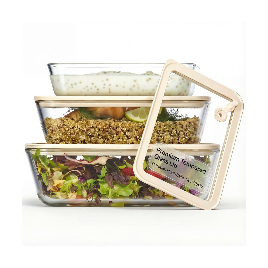 Kook Glass Storage Container Set, with Lids, Rectangular, Clear/Sand, Set of 3, (23.6/50.3/80 oz)