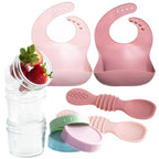 12pc Glass Baby Food Storage Jars, 4 Silicone Baby Spoons & 2 Silicone Bibs, Baby Mealtime Essentials – BPA-Free, Leakproof, and Dishwasher Safe
