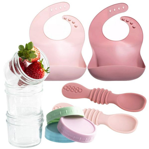 12pc Glass Baby Food Storage Jars, 4 Silicone Baby Spoons & 2 Silicone Bibs, Baby Mealtime Essentials – BPA-Free, Leakproof, and Dishwasher Safe