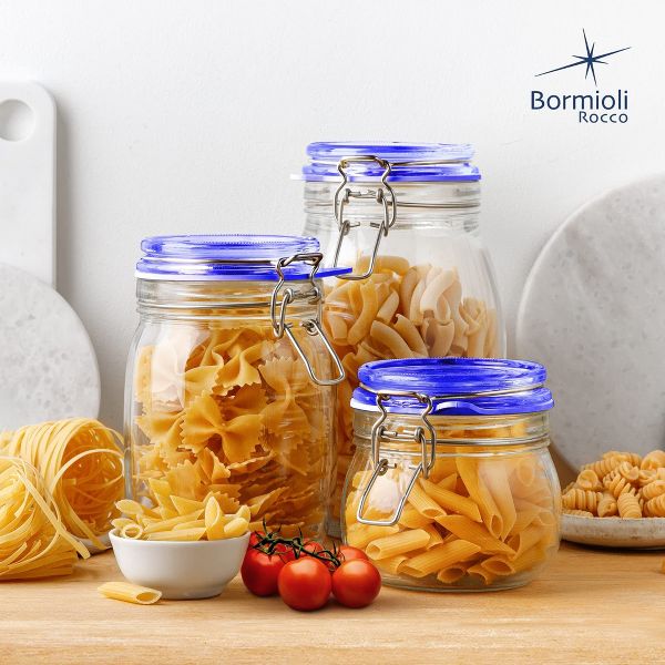 Bormioli Rocco Fido Jar, Set of 2 – 17.5 oz Blue‑Lid Airtight Glass Jars – Clamp & Rubber Gasket – Dishwasher Safe Glassware