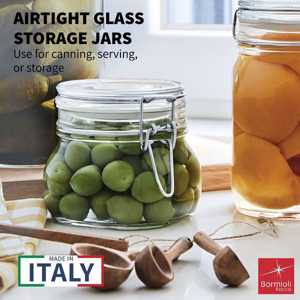 Bormioli Rocco 17.5 oz Fido Glass Storage Jars - Airtight Clamp Lid, BPA-Free - Set of 3