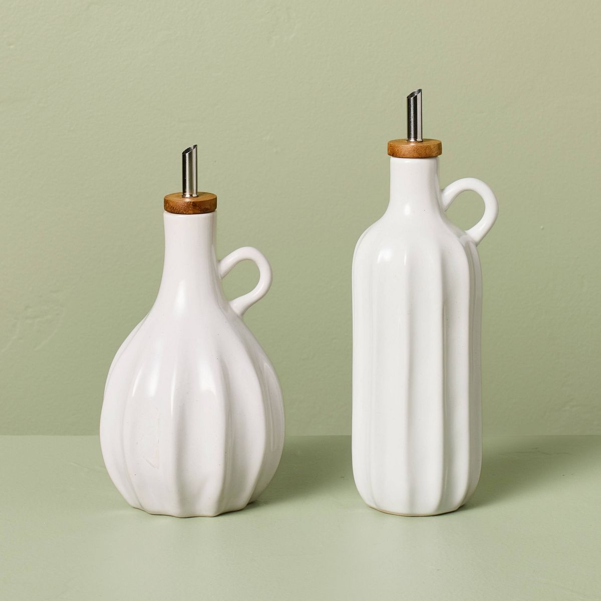 2pc 15.5 fl oz and 12.5 fl oz Stoneware Oil and Vinegar Set Sour Cream - Hearth & Hand™ with Magnolia