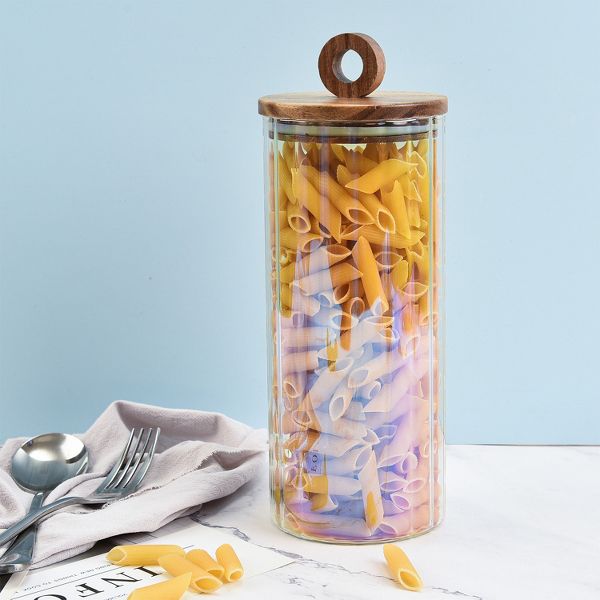 SharpChef 2PK Glass Airtight Electroplated Storage Jar with Wooden Acacia Lid, Glass Food Storage Jars, 51 oz / 1.5 L / 6 cups