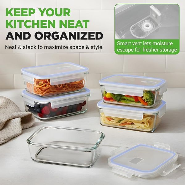 NutriChef 10-Piece Glass Food Storage Container Set with Blue Leakproof Locking Lids, Stackable Meal Prep Containers, Freezer-to-Oven Safe