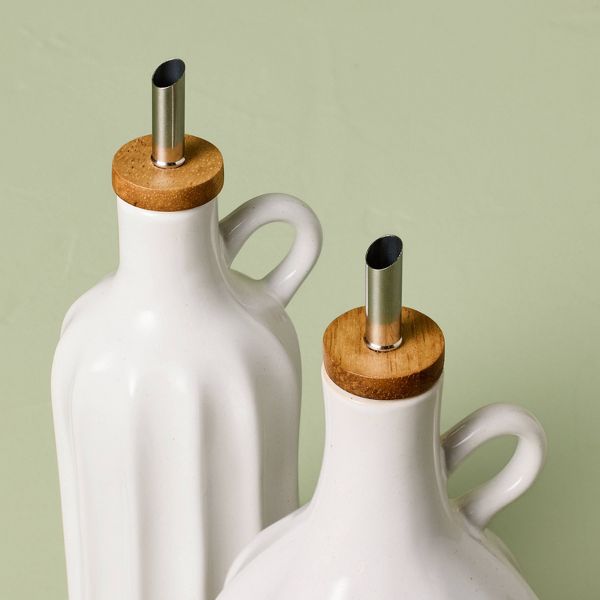 2pc 15.5 fl oz and 12.5 fl oz Stoneware Oil and Vinegar Set Sour Cream - Hearth & Hand™ with Magnolia