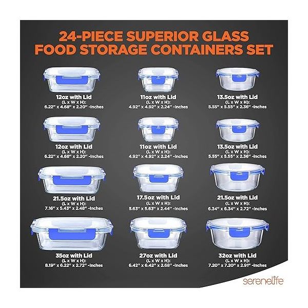 SereneLife 24-Piece Food Storage Containers - Superior Glass Food Storage Set, Blue