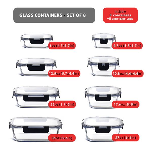JoyTable Glass Food Storage Containers with Lids, 16PC Airtight Glass Meal Prep Containers, 8 Reusable Glass Containers with Leakproof Snap Lock Lids