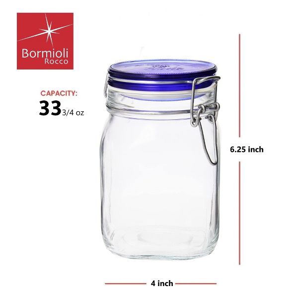 Bormioli Rocco Fido Glass Canning Jars, Airtight Storage Containers with Blue Lids – 50.75 oz Clamp Lock Canisters – Italian Made Glass (Set of 2)