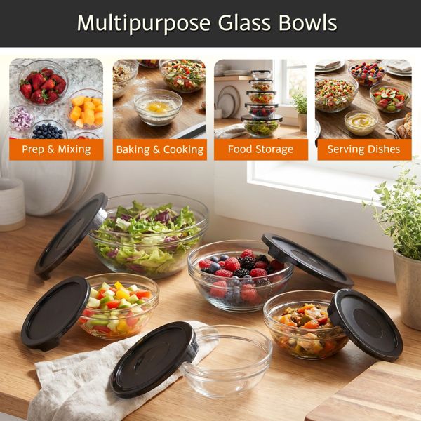 Glass Food Storage Containers with Snap Lids- 10 Piece Set with Multiple Bowl Sizes for Storage, Meal Prep, Mixing and Serving (Black)
