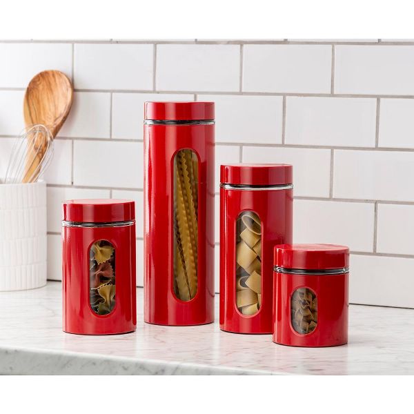 Leraze Set of 4 Red Stainless Steel Canisters with Glass Window & Airtight Lid
