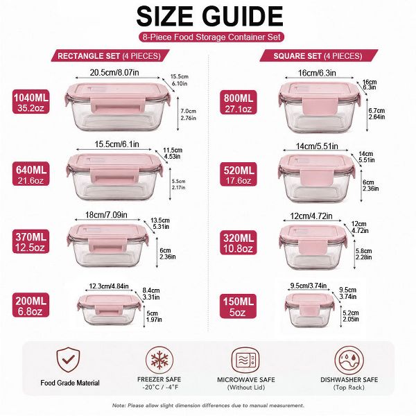 AEELLEEA 8 Pack BPA Free Airtight Glass Meal Prep Containers, Microwave Freezer Dishwasher Safe Office Food Lunch Storage Boxes