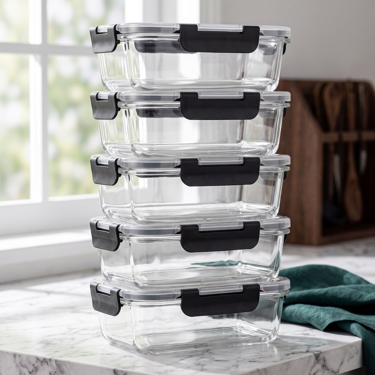 LauKingdom 5 Pack 35oz Midnight Black Borosilicate Glass Food Storage Containers with Lids for Meal Prep and Modern Kitchen Organization