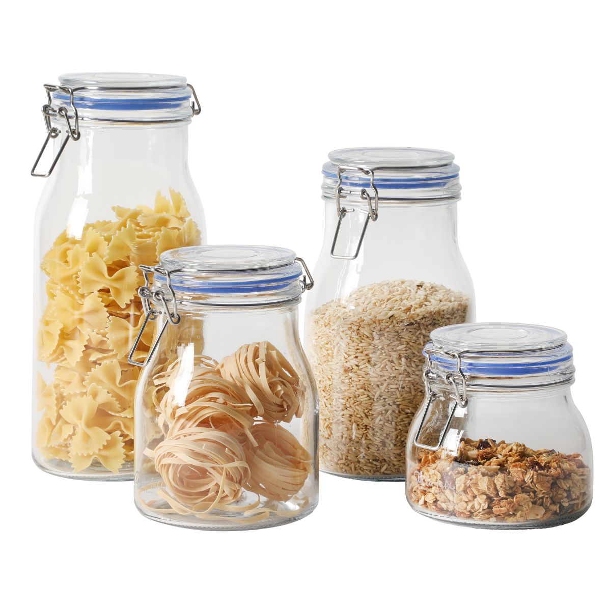 Sur La Table Lyon Court 4-Piece Glass Canister Set, Food Storage with Airtight Trigger Clamp Lids – 71 oz, 54 oz, 37 oz & 22.5 oz, Dishwasher Safe