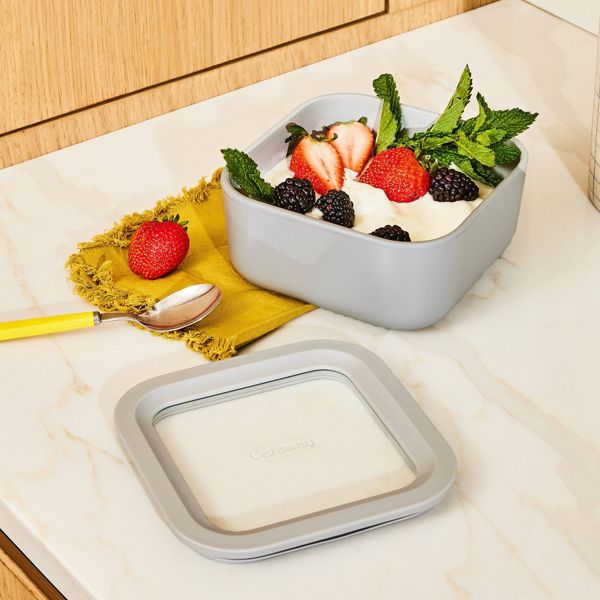 Caraway Home Small Ceramic Coated Glass Food Storage Container Cream: Oven & Microwave Safe, 4.4 Cup Capacity