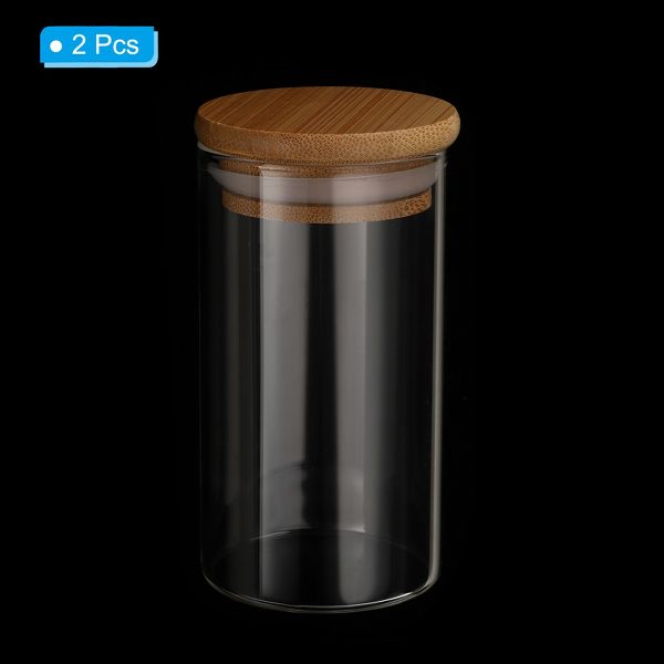 Unique Bargains Kitchen Food Storage Glass Jar with Airtight Bamboo Lid 2 Pcs 10x5.4cm