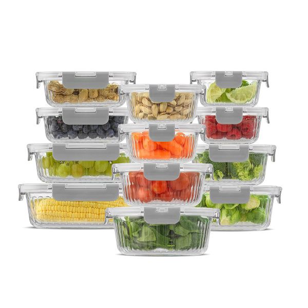JoyJolt 24 Piece Fluted Glass Food Storage Containers with Leakproof Lids Set - Black