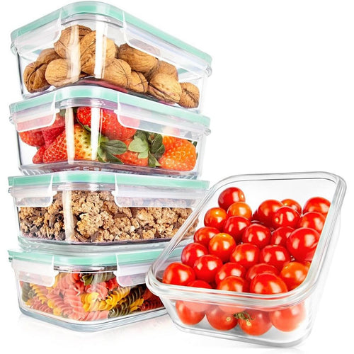 NutriChef 10-Piece Superior Glass Food Storage Containers Set - Stackable, Newly BPA-free Airtight Clear Locking lids with Vent & Green Air Hole