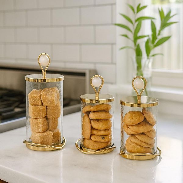 Kinor Elegant Glass Cookie Jar with Gold Lid and Base, Hammered Glass Storage Container for Cookies, Candy, Treats, Snacks and Kitchen Counter Décor