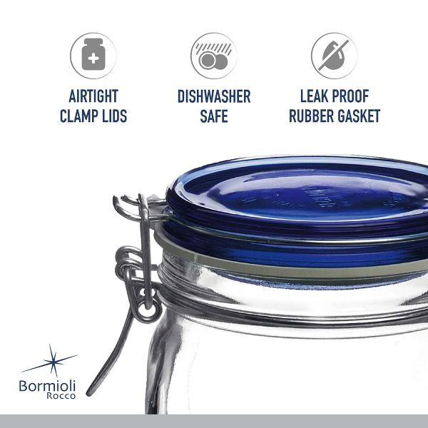 Bormioli Rocco Fido Jar, Set of 2 – 17.5 oz Blue‑Lid Airtight Glass Jars – Clamp & Rubber Gasket – Dishwasher Safe Glassware