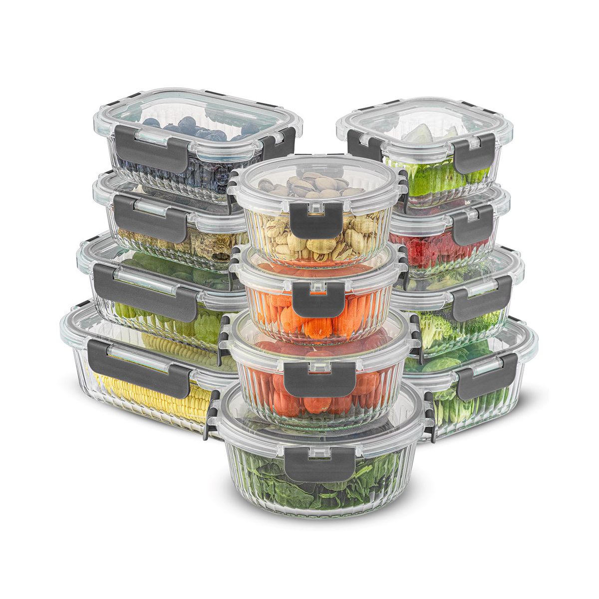 JoyJolt 24 Piece Fluted Glass Food Storage Containers with Leakproof Lids Set - Black