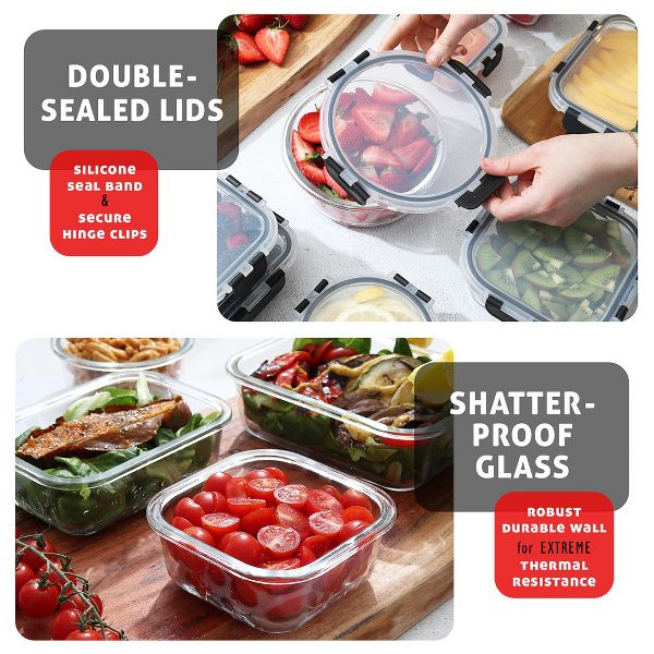 JoyTable 12-Pack Glass Food Storage Containers with Lids, Reusable Glass Food Containers with Leakproof Snap Lock Lids