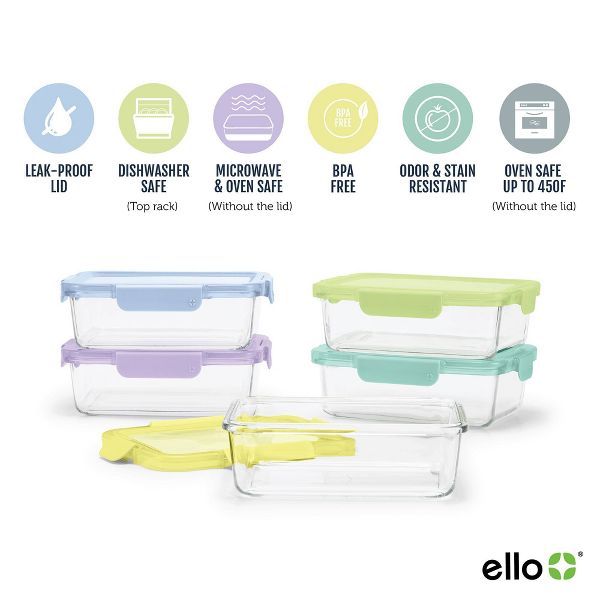 Ello Color Lock 10pc (set of 5) Glass Meal Prep Food Storage Containers Set Multicolor Brights: Glass, Oven & Microwave Safe, Dishwasher Safe,