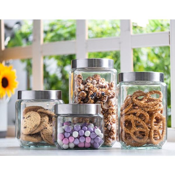 Le'raze 4pc Square Glass Cookie Jars with Airtight Lids + Marker & Labels