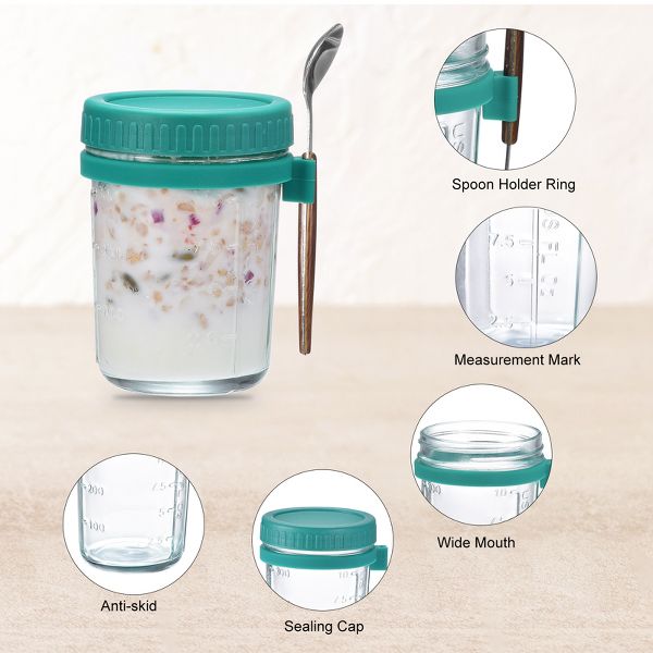Unique Bargains Leak-Proof Measurement Marks Portable Glass Overnight Oats Container 8 Pcs Cyan
