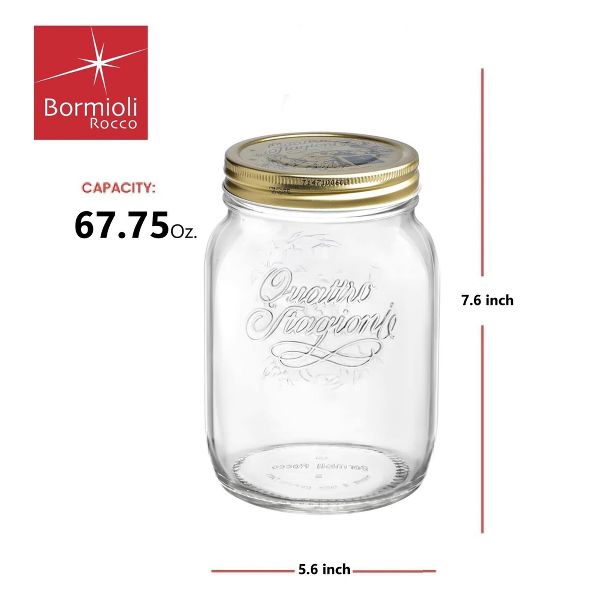 Bormioli Rocco Quattro Stagioni 67.75oz Mason Jar Glass - Wide Mouth Twist Top, Canister Beehive Embossed Design