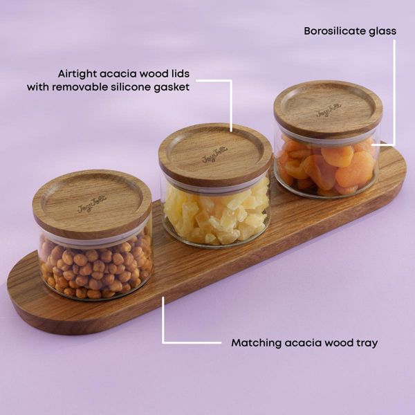 Holden Stackable Glass Storage Canister Set with Wood Lids and Tray- 14oz
