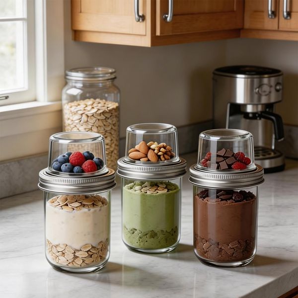 Glass Meal Prep Containers with Lids & Spoons, 6-Pack Dual-Layer 16oz + 4oz Jars Airtight Leakproof for Overnight Oats Yogurt Chia Pudding Snacks