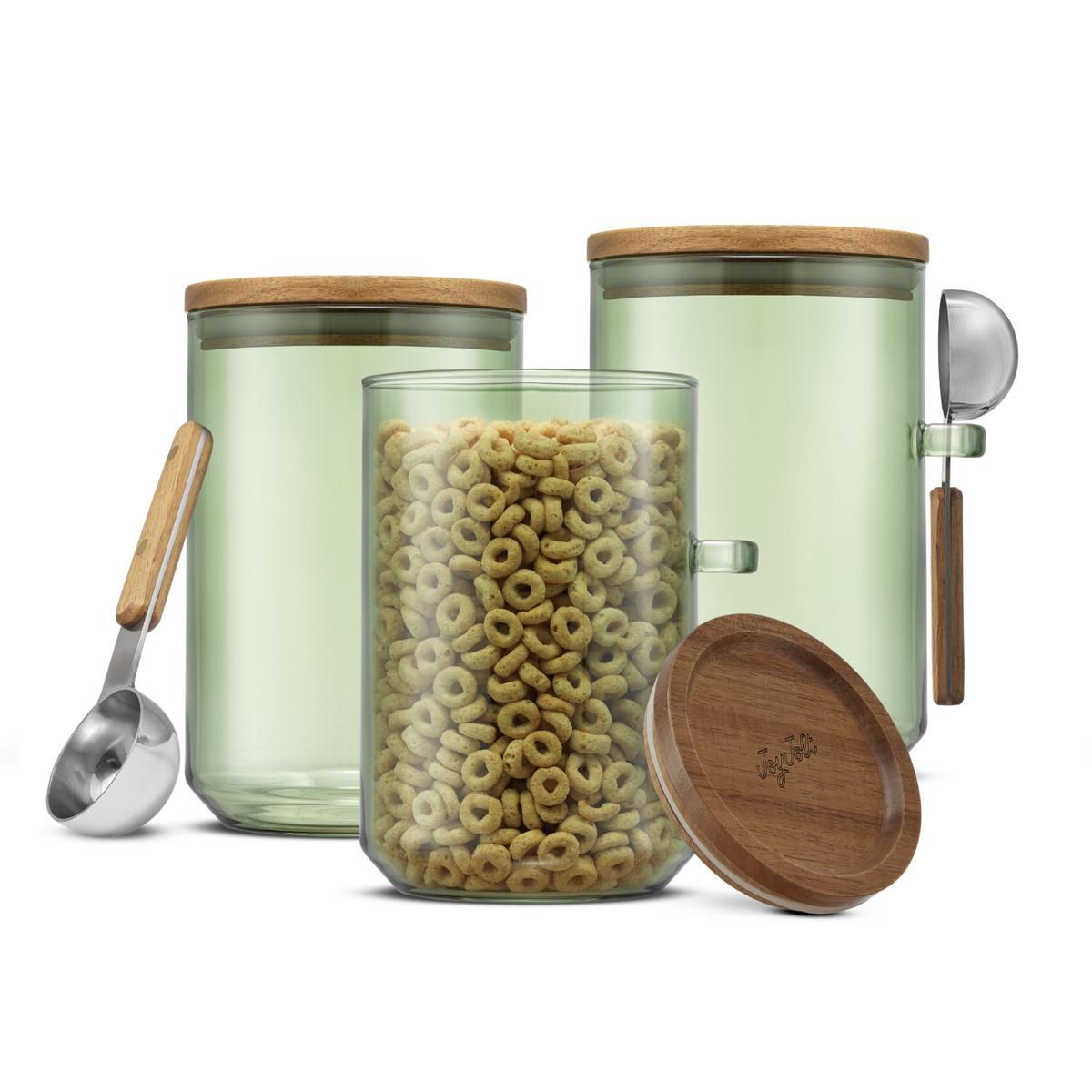 Holden 32oz Stackable Glass Storage Canister Set with Wood Lids and Scoops- Clear