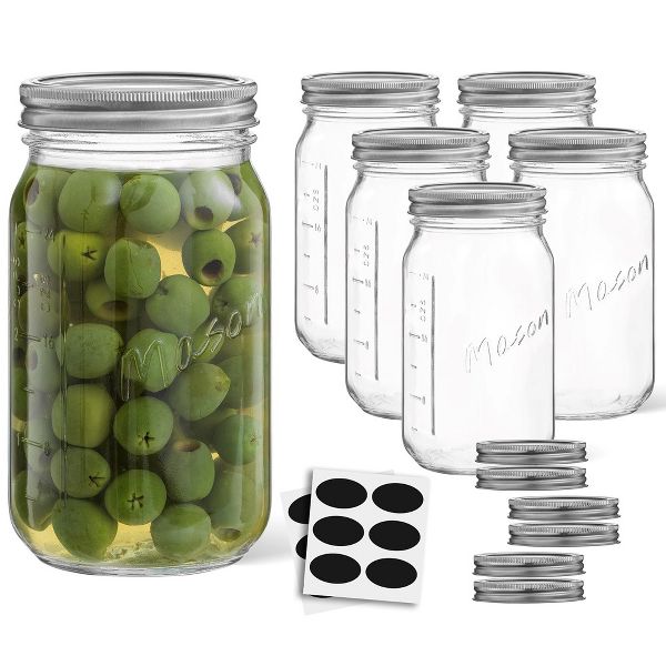 JoyJolt Wide Mason Jars with Airtight Lids, Labels and Measures - 32 oz - Set of 6