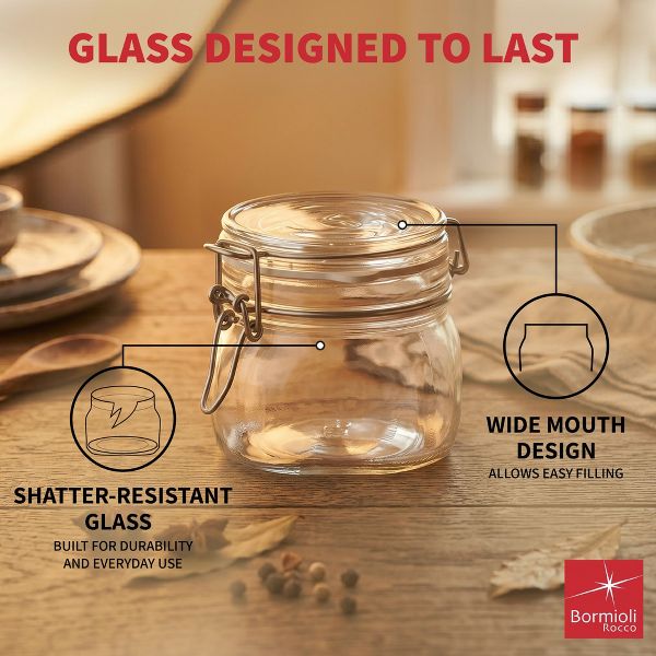 Bormioli Rocco 17.5 oz Fido Glass Storage Jars - Airtight Clamp Lid, BPA-Free - Set of 3