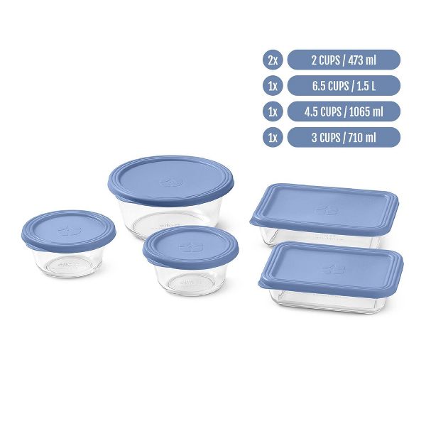 Ello Everyday 10pc Mixed Round Glass Food Storage container Set Elemental Blue