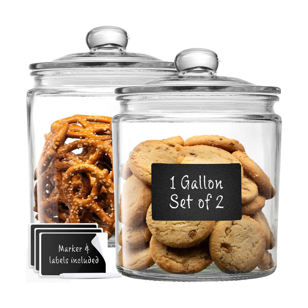 Le'raze Set of 2 Glass Cookie Jars with Airtight Lids + Labels & Marker - 1 Gallon