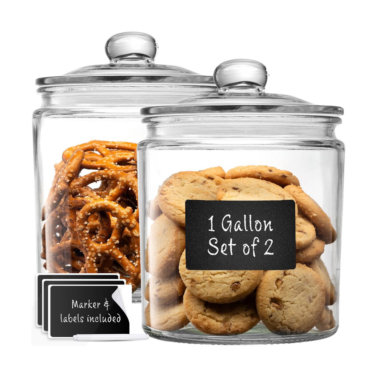 Le'raze Set of 2 Glass Cookie Jars with Airtight Lids + Labels & Marker - 1 Gallon
