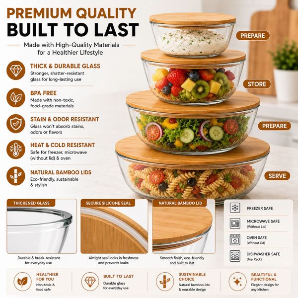 Sorbus 4-Piece Glass Bowl Set with Airtight Bamboo Lids – Nesting Mixing & Storage Bowls, BPA-Free, Microwave, Dishwasher & Freezer Safe