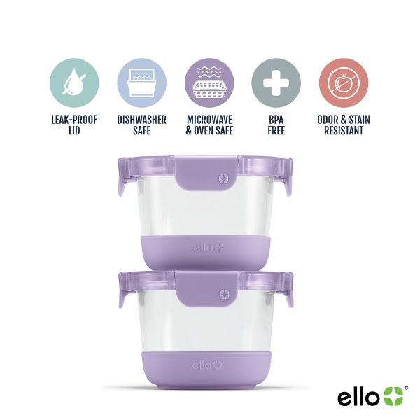 Ello 4pc 2c Glass Refresh Round Food Storage Container Set Purple: Oven, Microwave & Dishwasher Safe, Lifetime Warranty