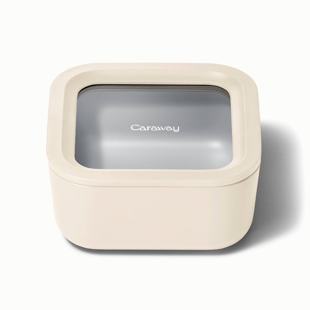 Caraway Home Small Ceramic Coated Glass Food Storage Container Cream: Oven & Microwave Safe, 4.4 Cup Capacity