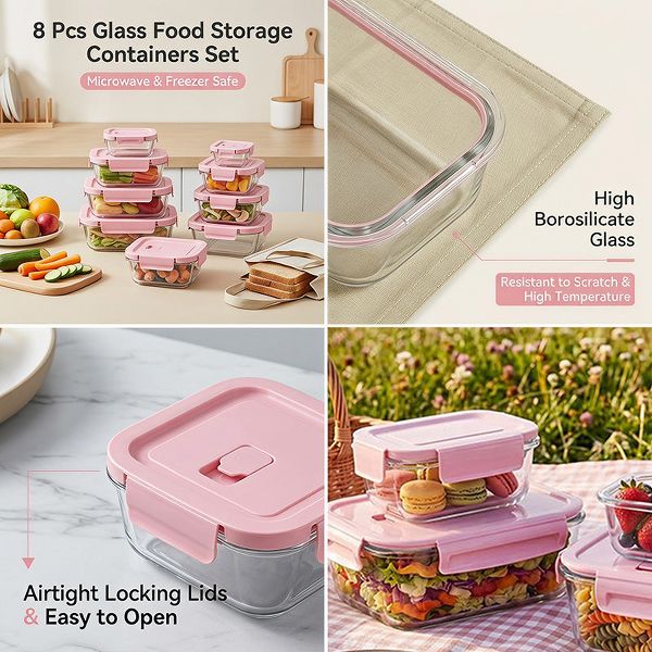 AEELLEEA 8 Pack BPA Free Airtight Glass Meal Prep Containers, Microwave Freezer Dishwasher Safe Office Food Lunch Storage Boxes