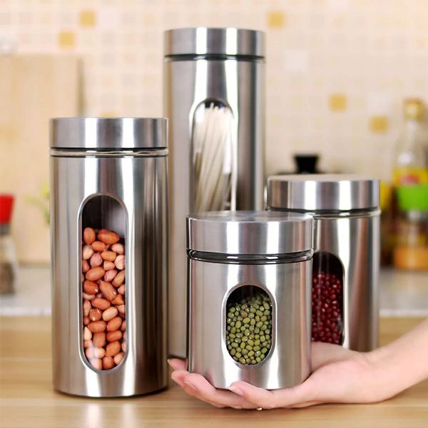 Le'raze 4pc Stainless Steel Canister Set for Kitchen Counter with Glass Window & Airtight Lids