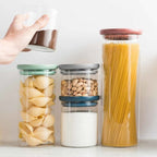BergHOFF LEO Glass 4Pc Food Storage Container Set With Measuring Spoon, Airtight Lids, Green, Blue, Grey