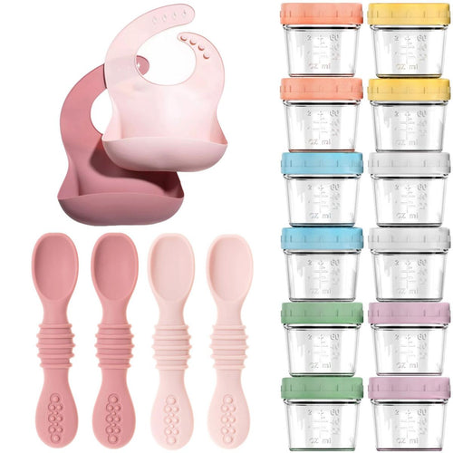 12pc Glass Baby Food Storage Jars, 4 Silicone Baby Spoons & 2 Silicone Bibs, Baby Mealtime Essentials – BPA-Free, Leakproof, and Dishwasher Safe