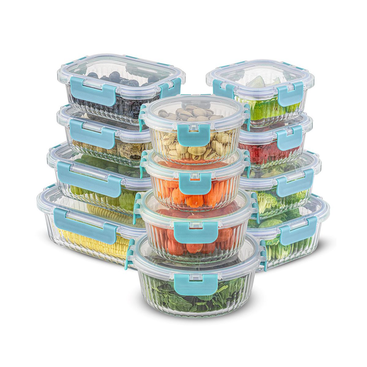 JoyJolt 24 Piece Fluted Glass Food Storage Containers with Leakproof Lids Set - Black