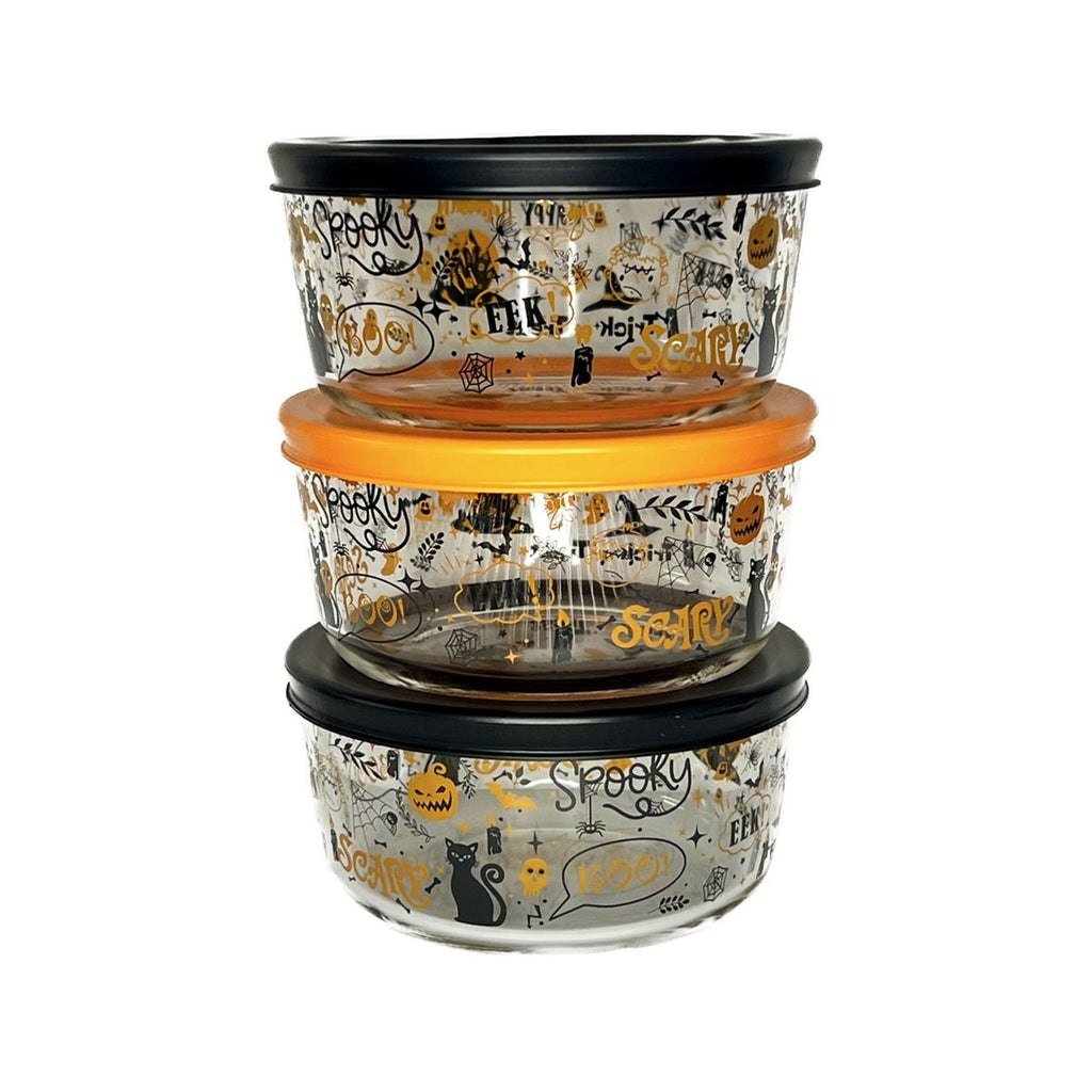 Dura Culina® Halloween Glass Food Round Stackable Storage Sets (2 Cup Size, 3 Containers + 3 Lids)