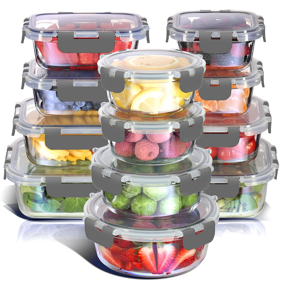 JoyTable 12-Pack Glass Food Storage Containers with Lids, Reusable Glass Food Containers with Leakproof Snap Lock Lids