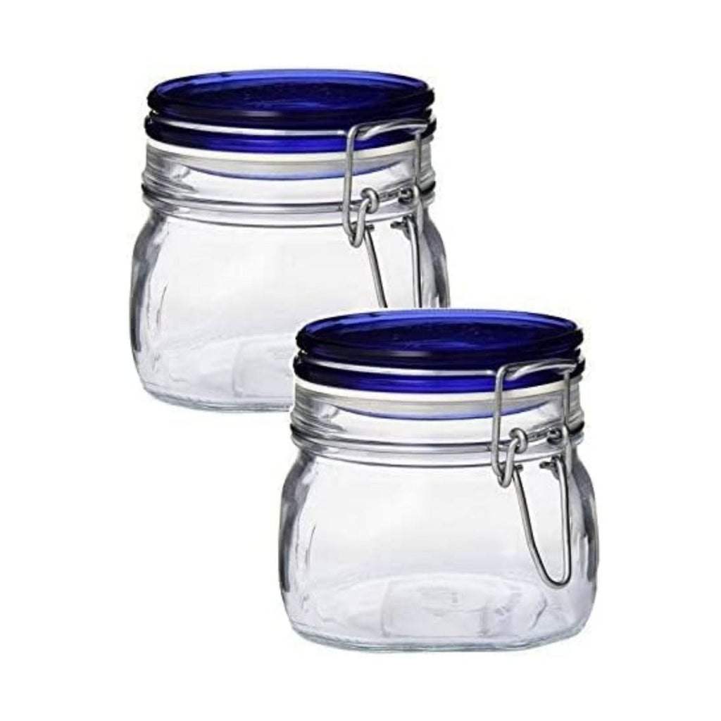 Bormioli Rocco Fido Jar, Set of 2 – 17.5 oz Blue‑Lid Airtight Glass Jars – Clamp & Rubber Gasket – Dishwasher Safe Glassware